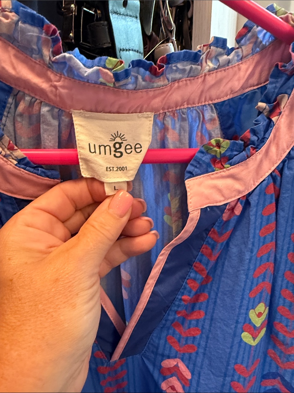 Umgee Blue Tunic Dress with Pink Trim and Multicolor Chevron Detail - Picture 2 of 3